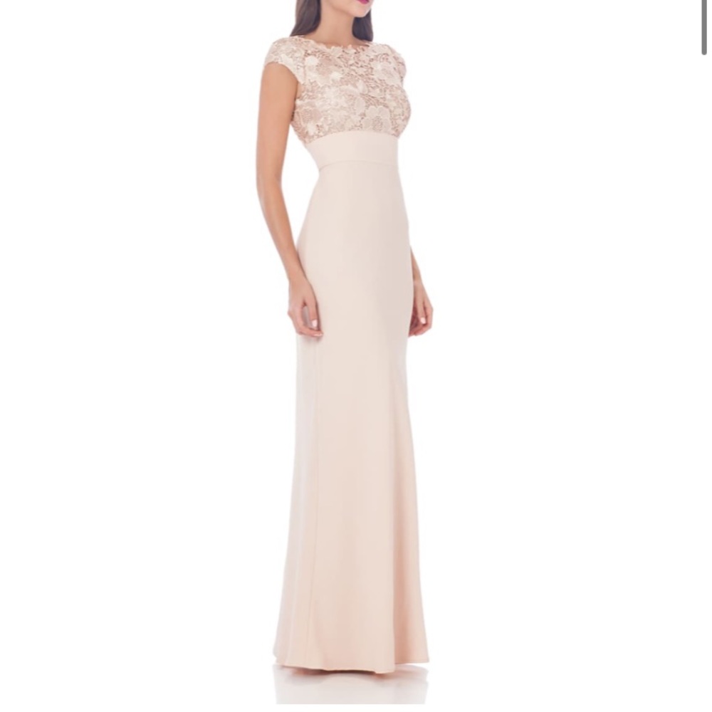 JS collection lace sequins bodice with stretch crape floor length gown - Picture 2 of 11